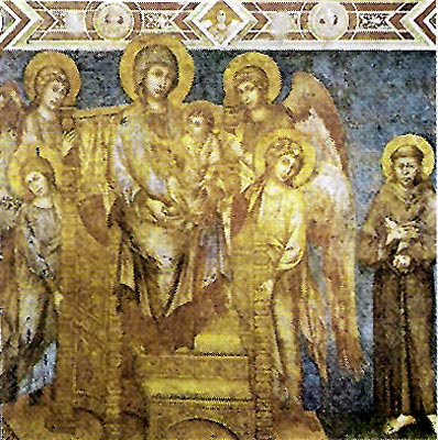 Cimabue, Trůnící madona se čtyřmi anděly a sv. Františkem, freska v San Francesco, Assisi, 1288-1290
