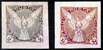 První československé známky, vydané 18. 12. 1918, novinové Sokol 2 a 10 hal.