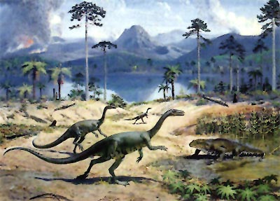 Dinosauři z triasu Severní Ameriky: plazopánví (Coelophysis), krytolebci (vpravo dole Metoposaurus). Rekonstrukce Z. Špinara a Z. Buriana