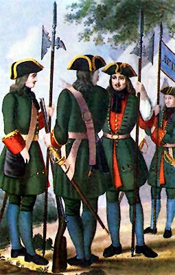 Důstojníci a mužstvo ruské pěchoty z doby Petra I. Velikého